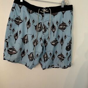 VISSLA Light Blue Swim Shorts with Black & Gray Ray Print